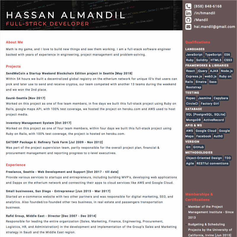 My Résumé website snapshot